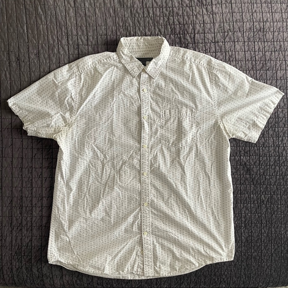 White Short Sleeve Button Down Shirt with Grey Pattern